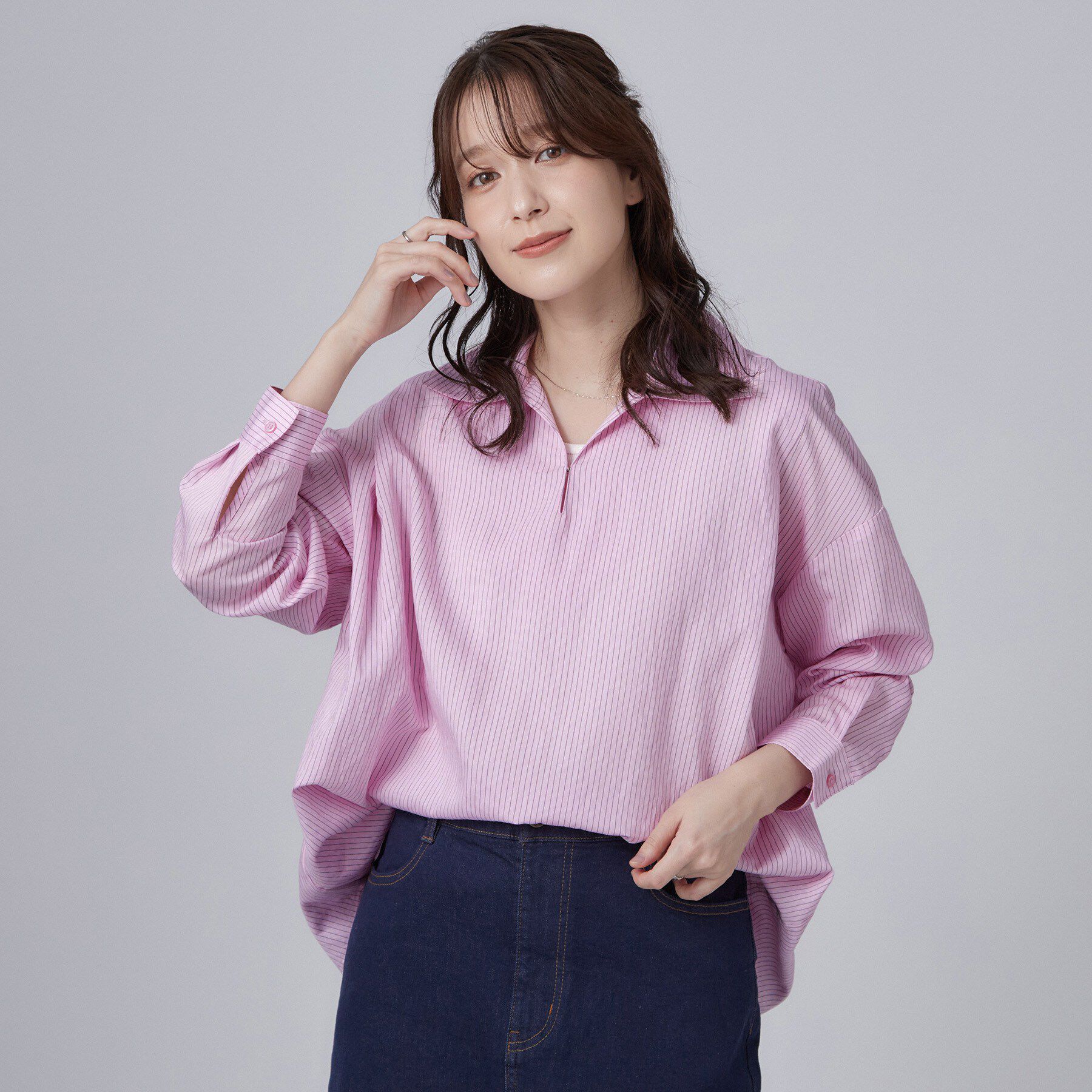 SHOO･LA･RUE「【洗濯機可】インせず決まるAライン ストライプスキッパーシャツ」|シャツ・ブラウス|