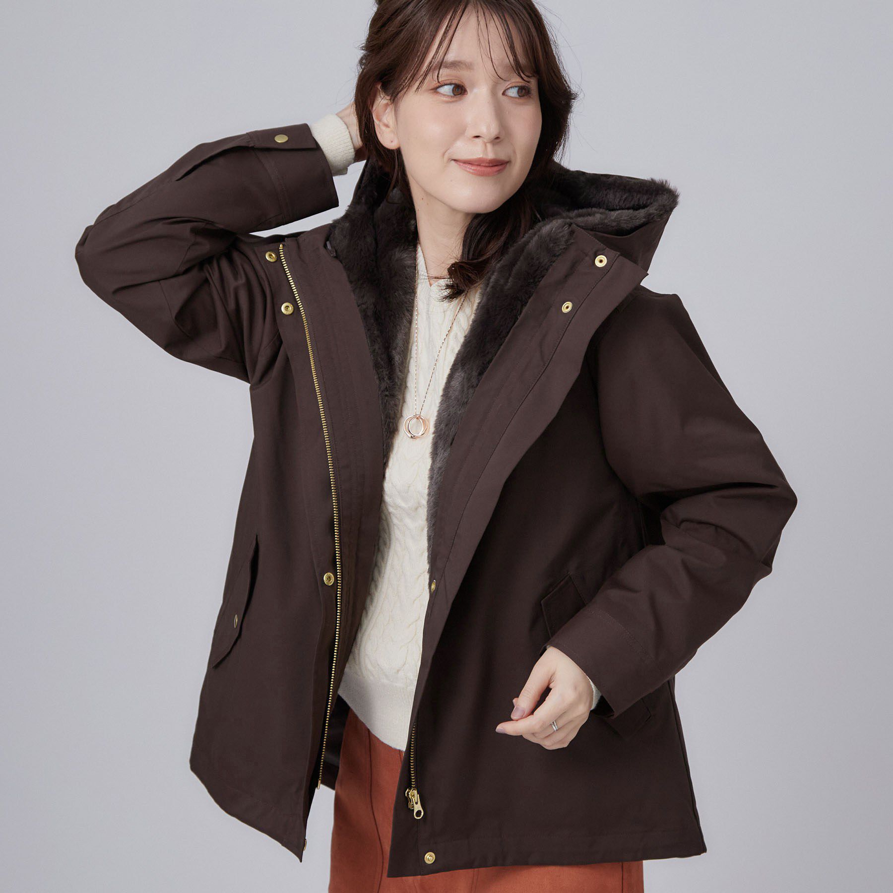 SHOO･LA･RUE「【洗濯機可/撥水/マルチWAY】ファーライナー付き 毎日の欲張りマンパ」|ブルゾン・スタジャン|ブラウン(044)