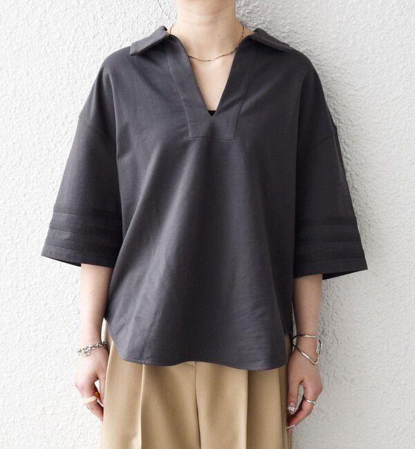 SHIPS any「SHIPS any:〈洗濯機可能〉インレイ 襟付き スキッパー ハーフスリーブ プルオーバー」|Tシャツ・カットソー|
