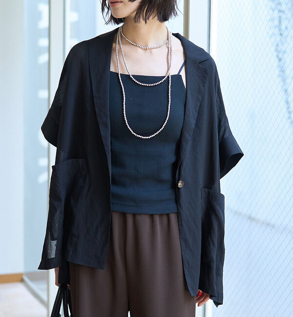Rouge vif「【人気追加】強撚半袖シアーフォルムジャケット」|テーラードジャケット|ブラック