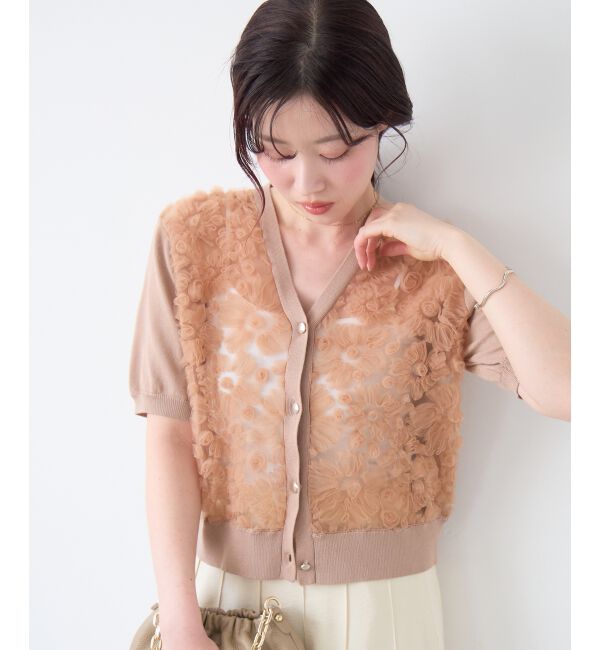  「チュール刺繍ハーフスリーブカーディガン」|カーディガン|