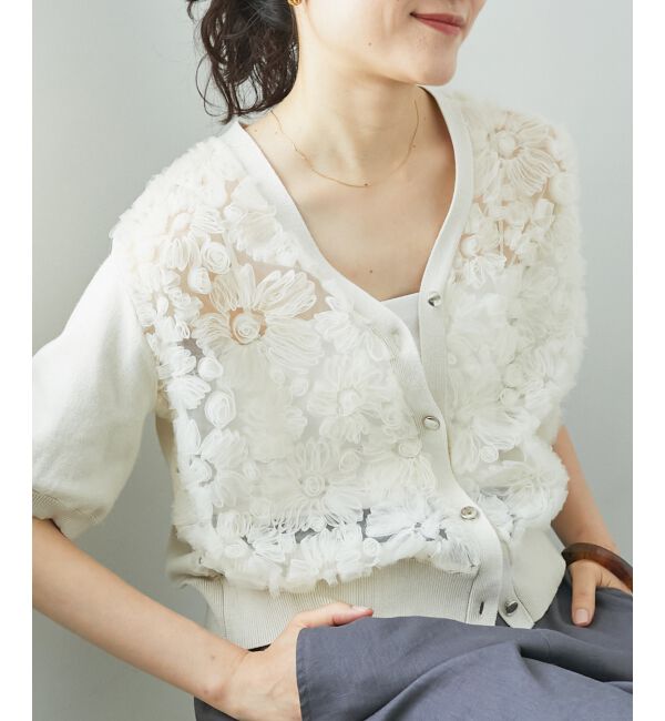  「チュール刺繍ハーフスリーブカーディガン」|カーディガン|