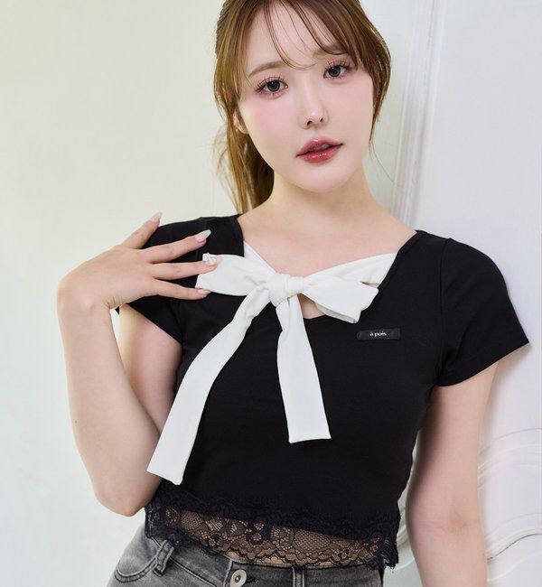  「【Lace Collection】裾レースリボンTee」|プルオーバー|ブラック