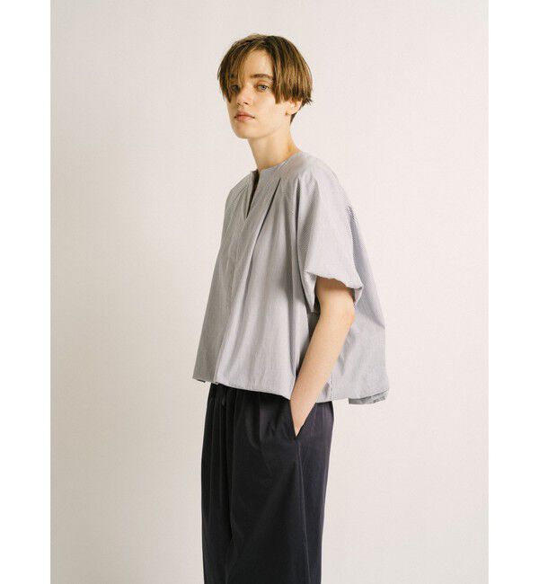 mizuiro ind「mizuiro ind ストライプノーカラーバルーンプルオーバー」|シャツ・ブラウス|