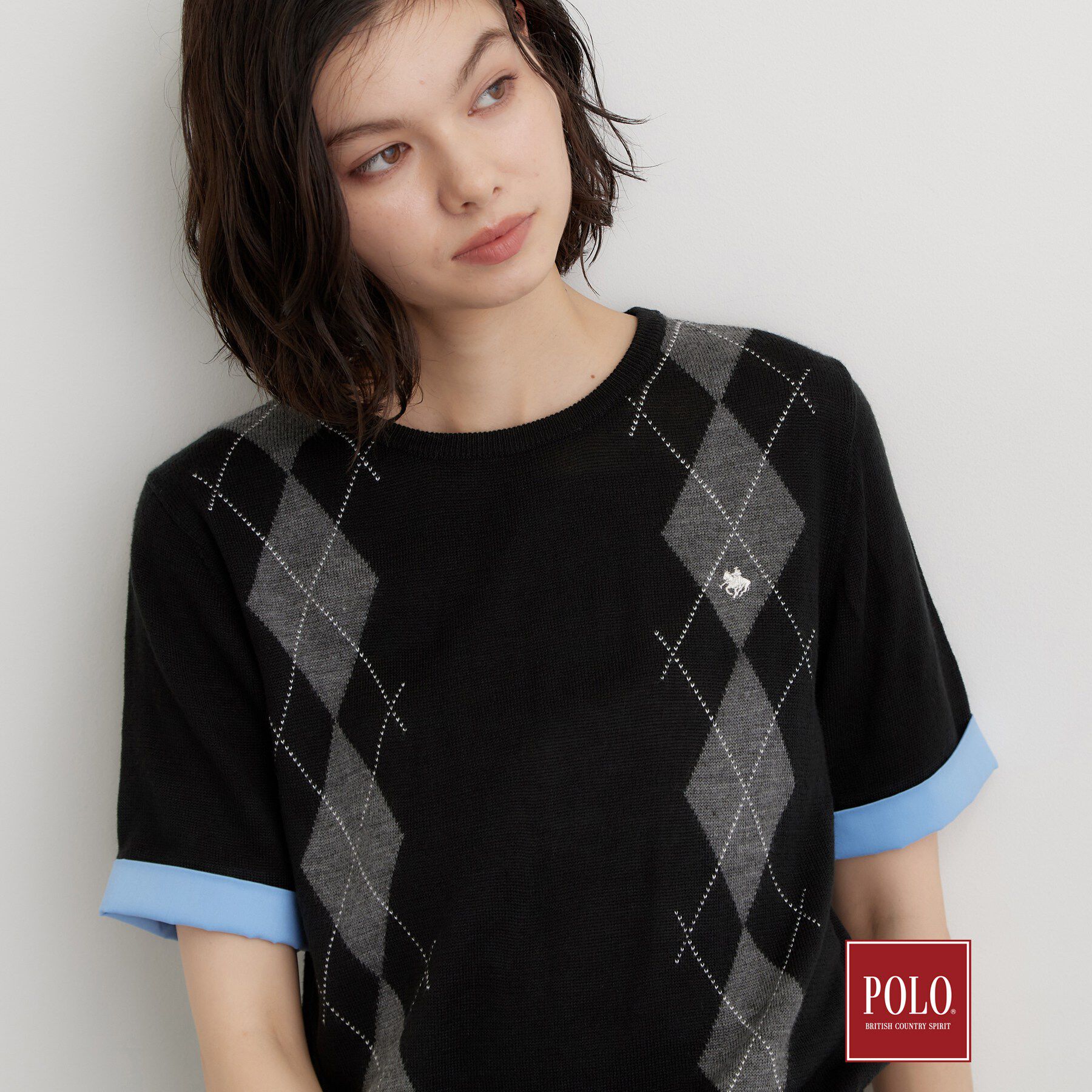 THE SHOP TK「POLO BCS/アーガイル5分袖ニット」|ニット・セーター|ブラック(019)