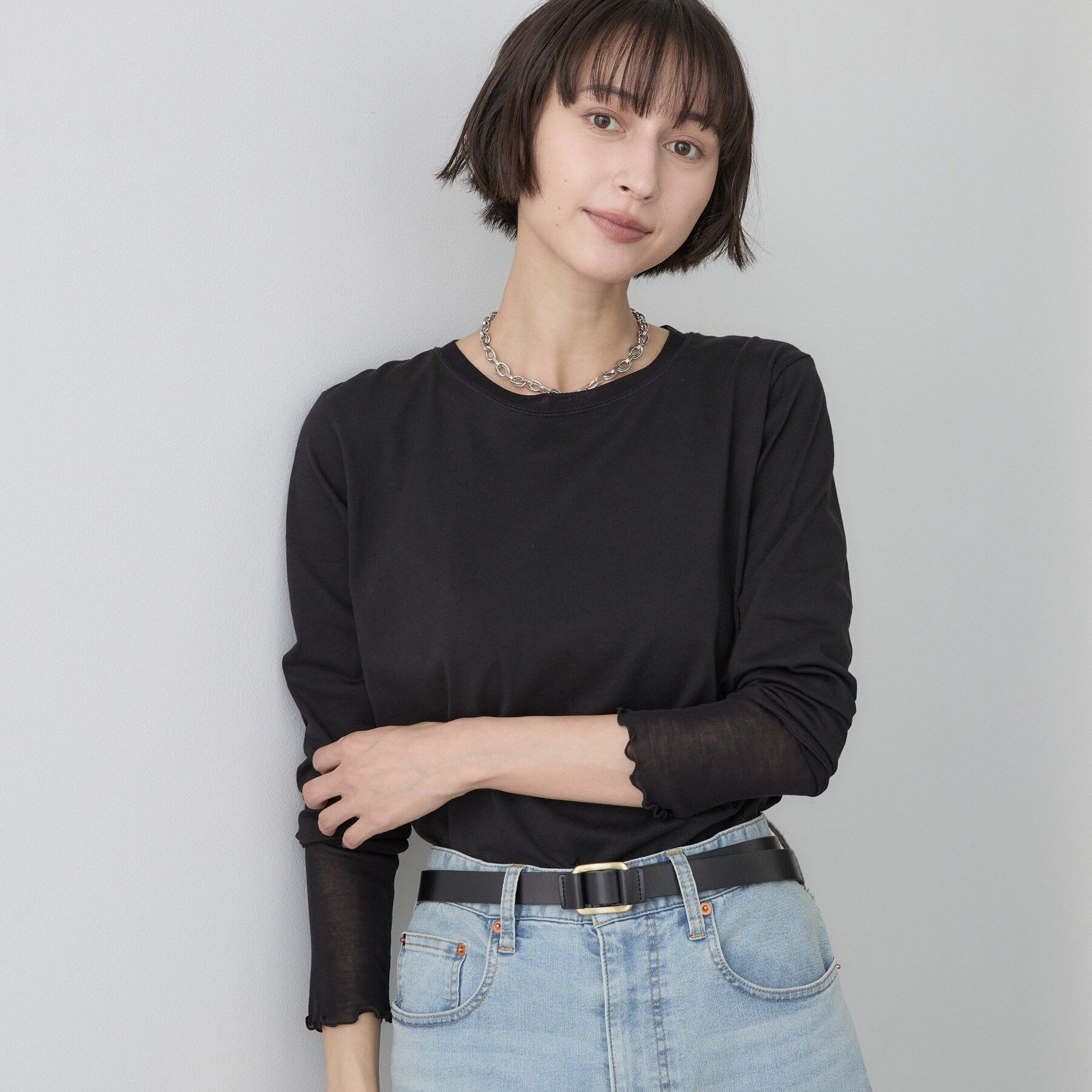 Dessin「シアー切り替えクルーネックカットソー」|Tシャツ・カットソー|ブラック(019)