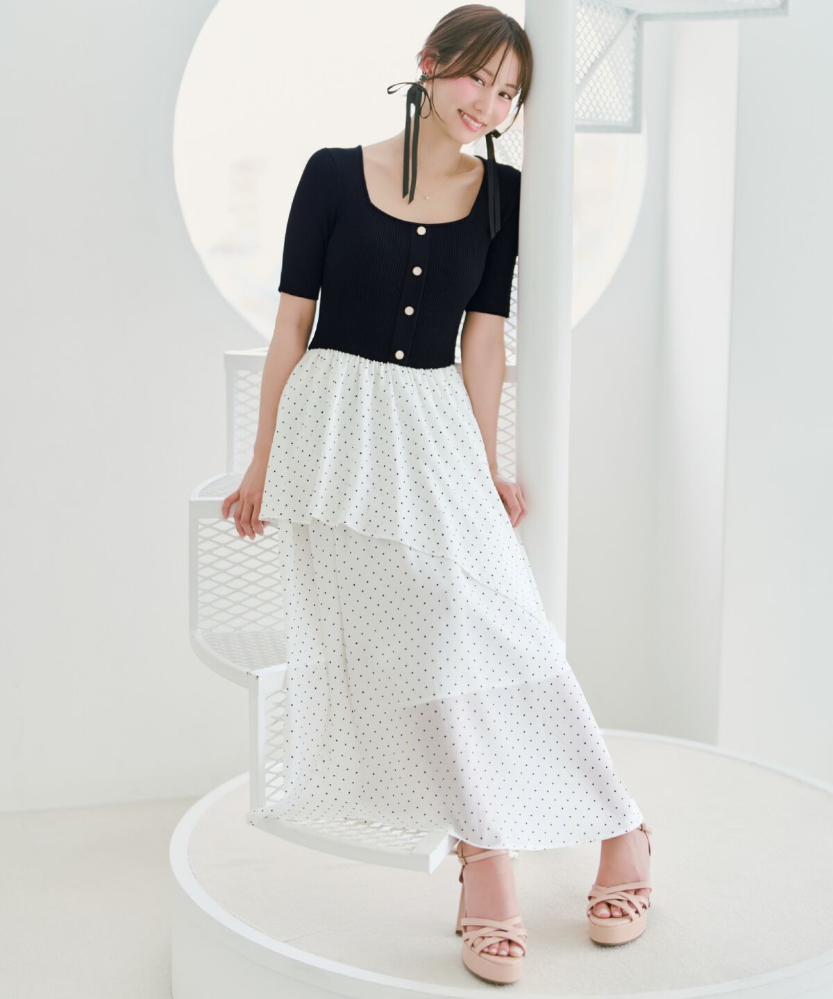 WILLSELECTION「アシメティアードニットコンビワンピース」|ワンピース|黒系水玉