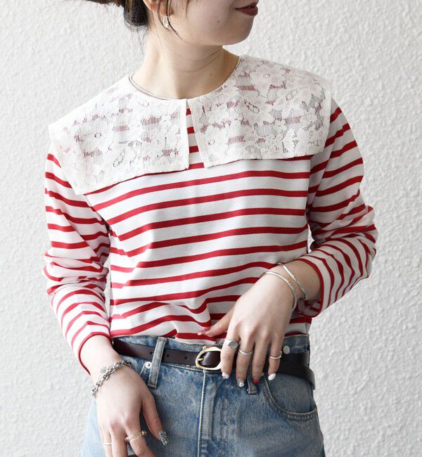 SHIPS any「SHIPS any:〈洗濯機可能〉マリンボーダー レース 襟 プルオーバー」|Tシャツ・カットソー|