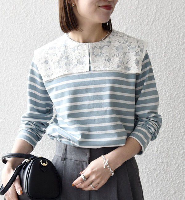 SHIPS any「SHIPS any:〈洗濯機可能〉マリンボーダー レース 襟 プルオーバー」|Tシャツ・カットソー|