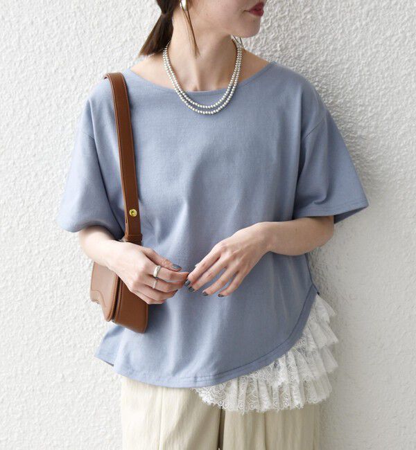 SHIPS any「SHIPS any:〈洗濯機可能〉レース ヘム アシンメトリー ショートスリーブ TEE」|Tシャツ・カットソー|