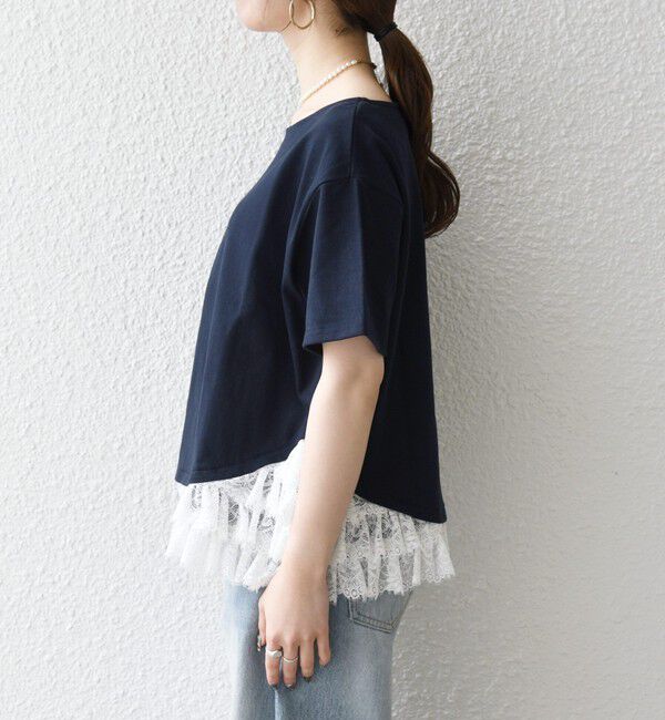 SHIPS any「SHIPS any:〈洗濯機可能〉レース ヘム アシンメトリー ショートスリーブ TEE」|Tシャツ・カットソー|