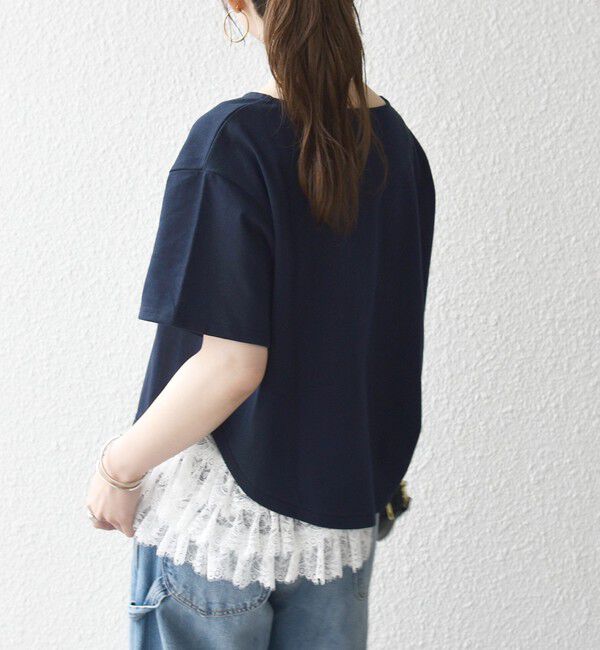 SHIPS any「SHIPS any:〈洗濯機可能〉レース ヘム アシンメトリー ショートスリーブ TEE」|Tシャツ・カットソー|