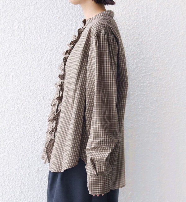 SHIPS for women「【WEB限定】〈手洗い可能〉チェック フリル ロングスリーブ シャツ（ベージュ）」|シャツ・ブラウス|