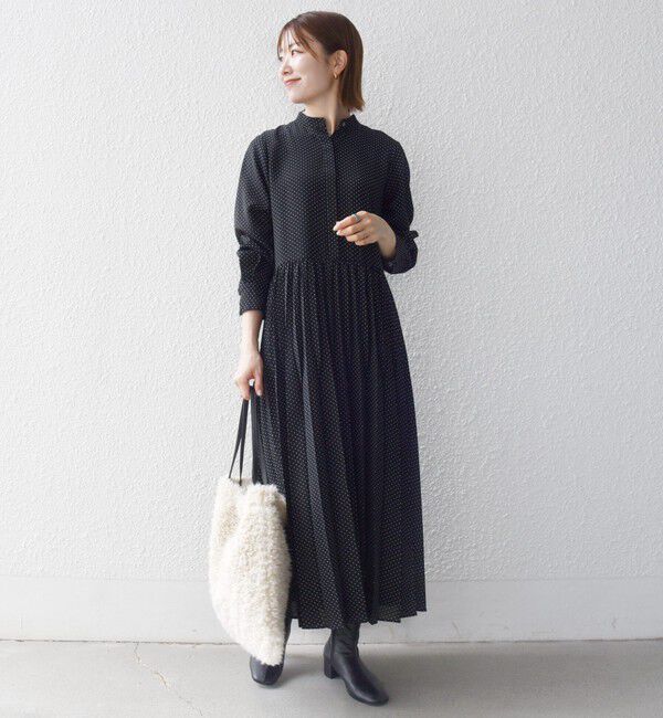 SHIPS any「《予約》SHIPS any:〈手洗い可能〉ドット バンドカラー プリーツ ロング ワンピース」|ワンピース|