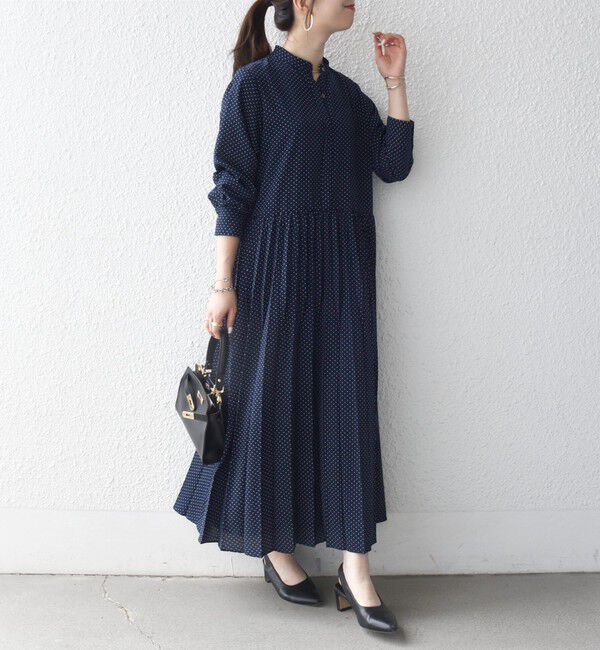 SHIPS any「《予約》SHIPS any:〈手洗い可能〉ドット バンドカラー プリーツ ロング ワンピース」|ワンピース|