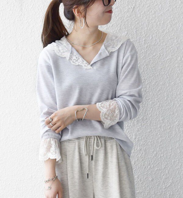 SHIPS any「《予約》SHIPS any:〈洗濯機可能〉ワッフル レース フーディー プルオーバー」|Tシャツ・カットソー|ライトグレー