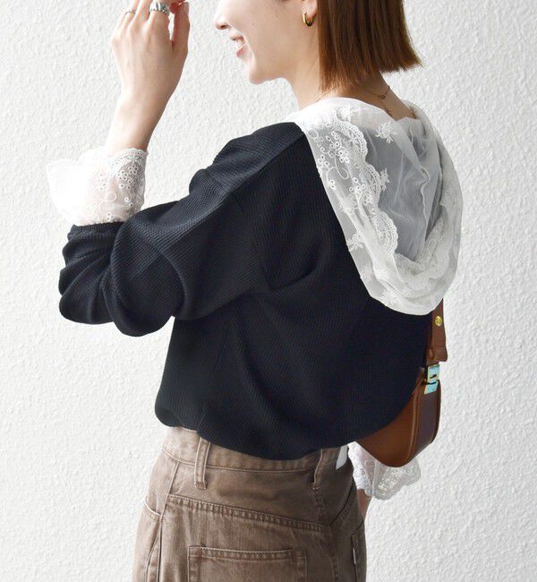 SHIPS any「《予約》SHIPS any:〈洗濯機可能〉ワッフル レース フーディー プルオーバー」|Tシャツ・カットソー|ブラック