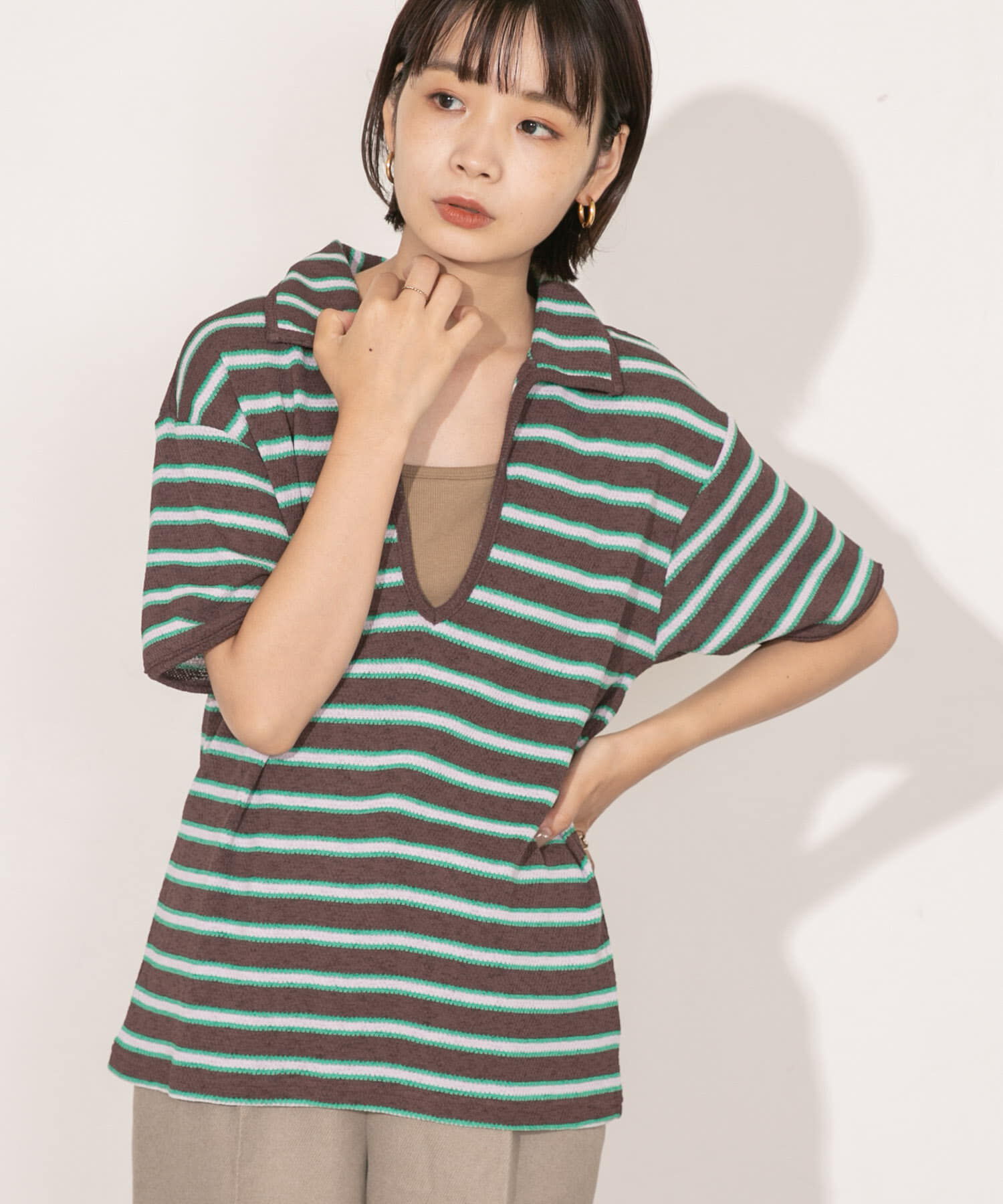  「Vネックボーダープルオーバー」|Tシャツ・カットソー|