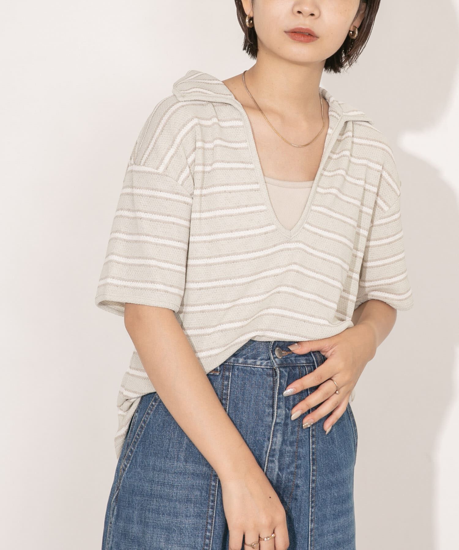  「Vネックボーダープルオーバー」|Tシャツ・カットソー|グリーン系その他