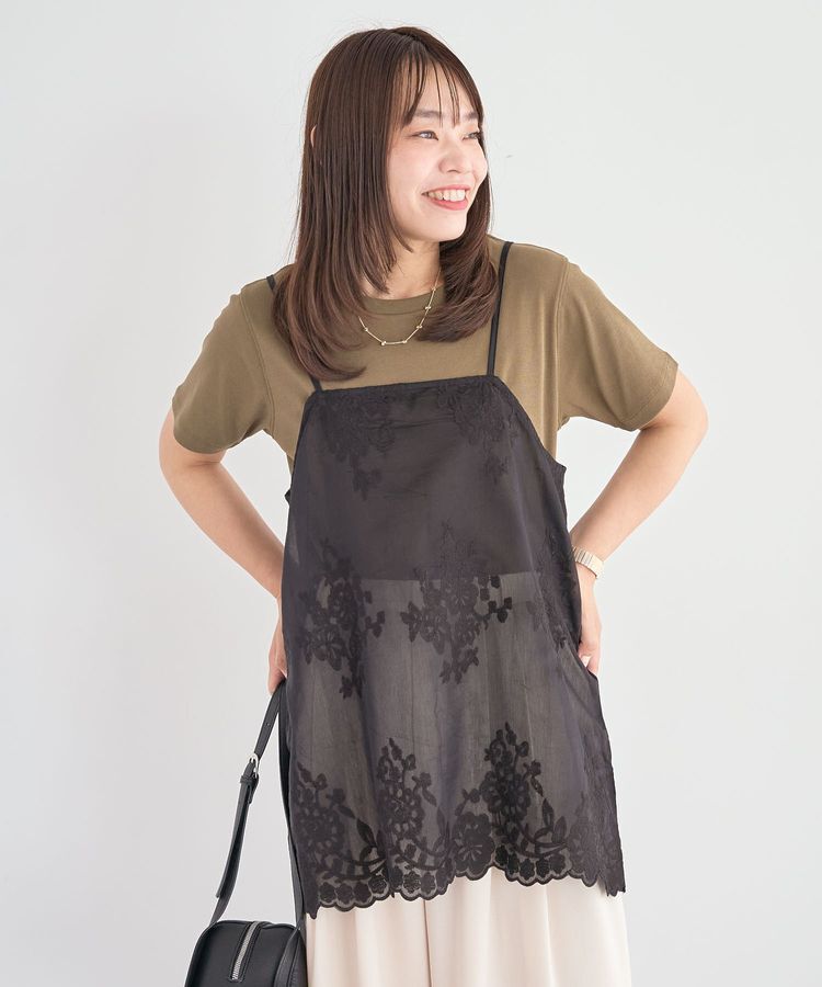 Green Parks「スカラップ刺繍レースレイヤードキャミソール」|ベスト・ジレ|Black