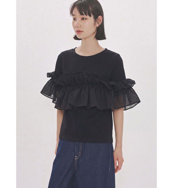 MIDIUMISOLID「MIDIUMISOLID for Ladies シフトフリルTシャツ」|Tシャツ・カットソー|ブラック