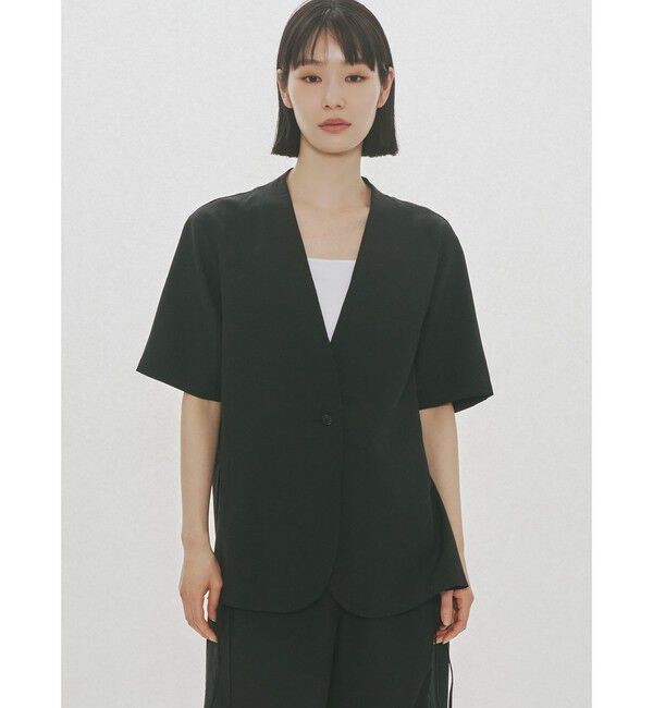 MIDIUMISOLID「MIDIUMISOLID for Ladies ノーカラードローストリングシャツ」|シャツ・ブラウス|ブラック