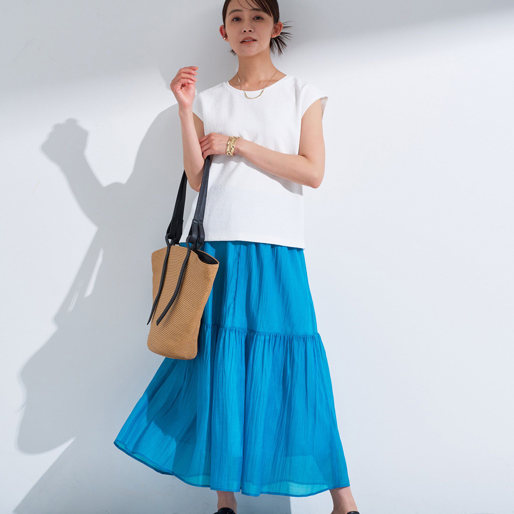 INDIVI「【2点セット／着回し◎】ノースリーブ＆ティアードスカート カセット服」|ワンピース|ブルーグリーン(59