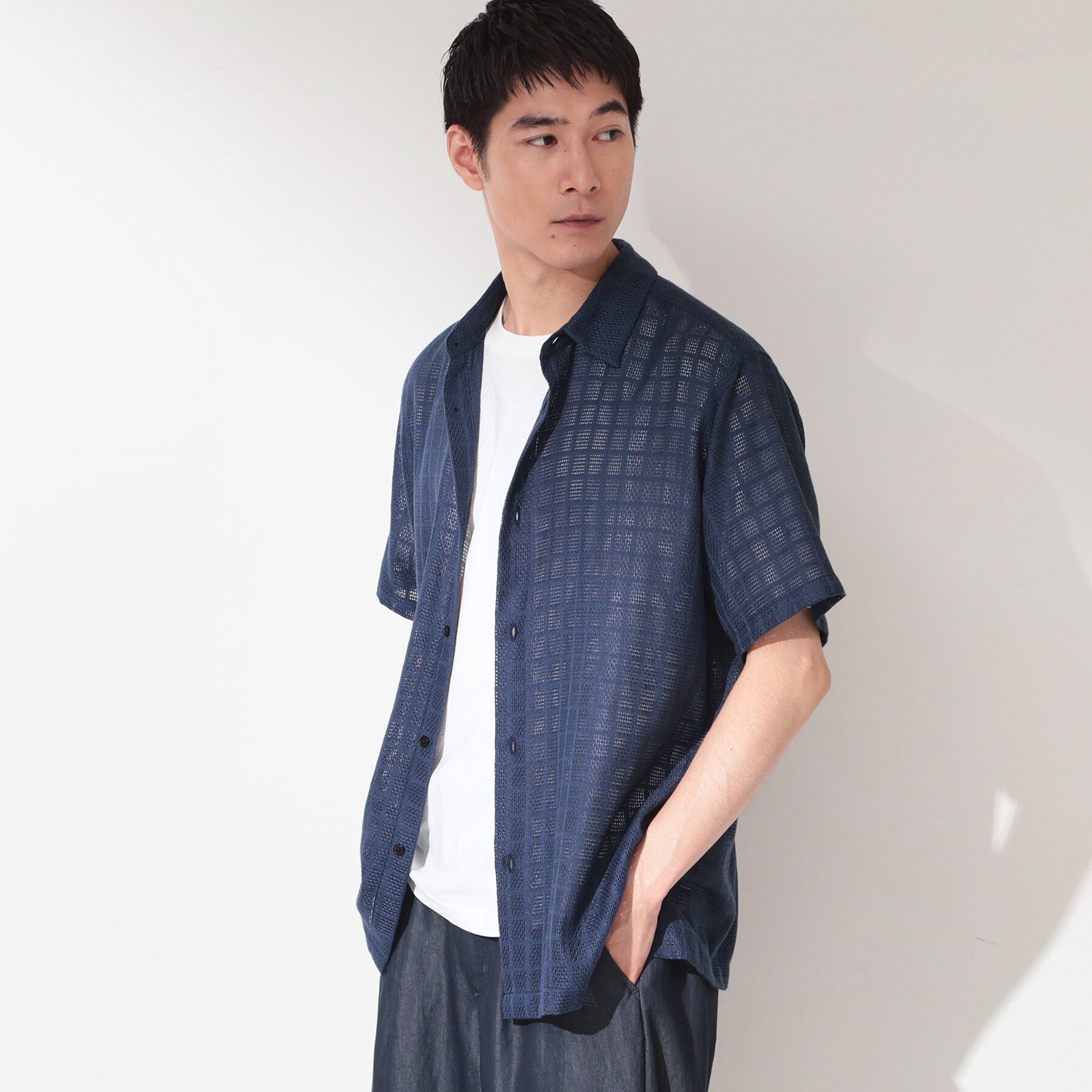 THE SHOP TK「【洗濯機OK】格子柄メッシュ半袖シャツ」|シャツ・ブラウス|