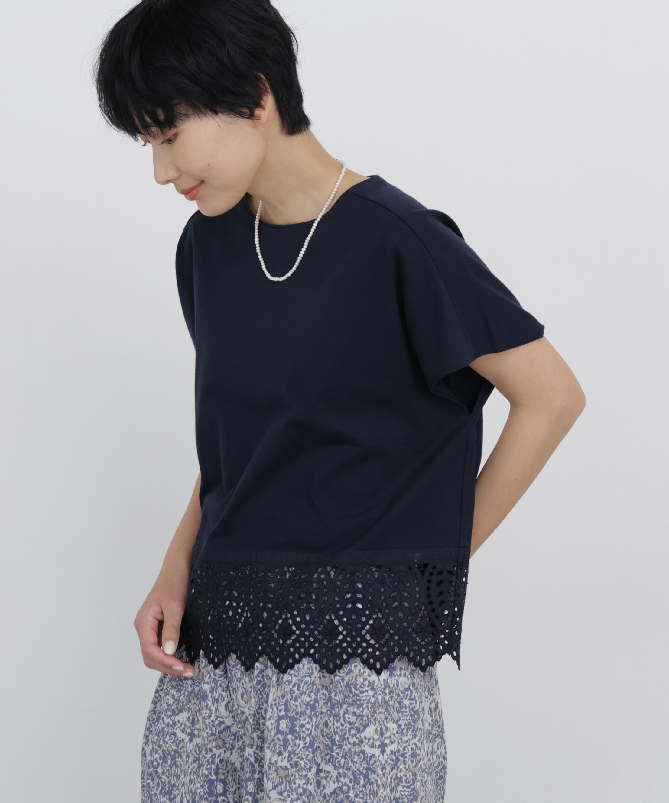 「◆《洗える》 レースカットソー」|Tシャツ・カットソー|ネイビー