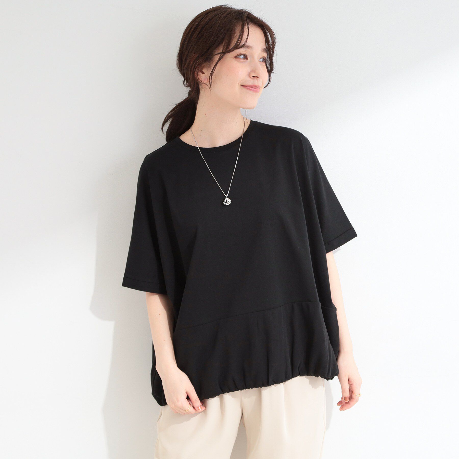 SHOO･LA･RUE「【洗濯機可/体型カバー】インせず着られる 裾配色 ゆったりバルーントップス」|Tシャツ・カットソー|