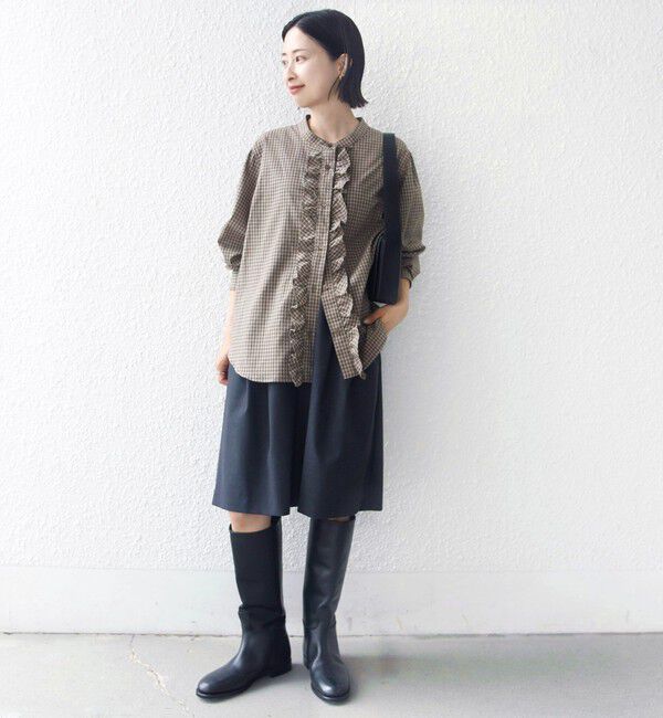 SHIPS for women「【WEB限定】〈手洗い可能〉チェック フリル ロングスリーブ シャツ（ベージュ）」|シャツ・ブラウス|