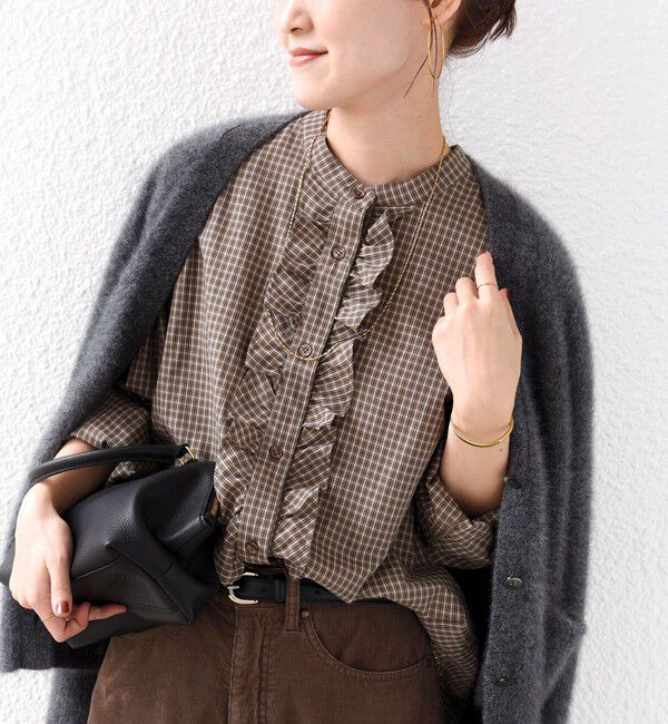 SHIPS for women「【WEB限定】〈手洗い可能〉チェック フリル ロングスリーブ シャツ（ベージュ）」|シャツ・ブラウス|