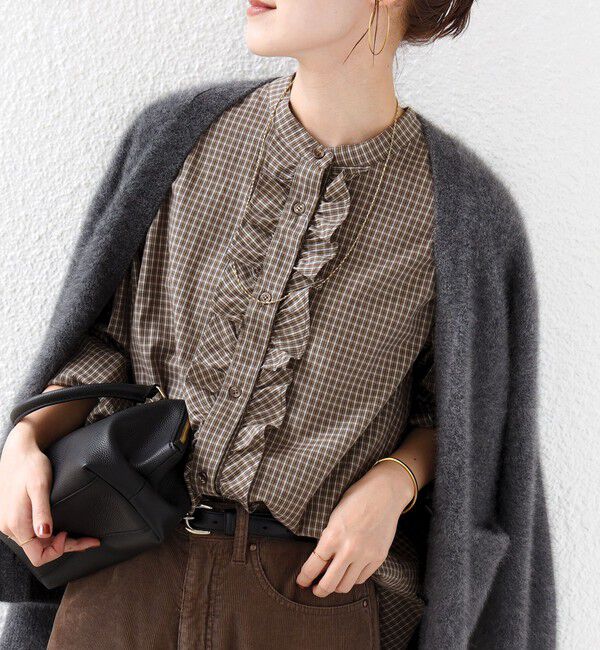 SHIPS for women「【WEB限定】〈手洗い可能〉チェック フリル ロングスリーブ シャツ（ベージュ）」|シャツ・ブラウス|