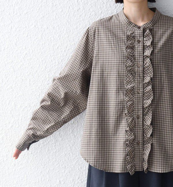 SHIPS for women「【WEB限定】〈手洗い可能〉チェック フリル ロングスリーブ シャツ（ベージュ）」|シャツ・ブラウス|