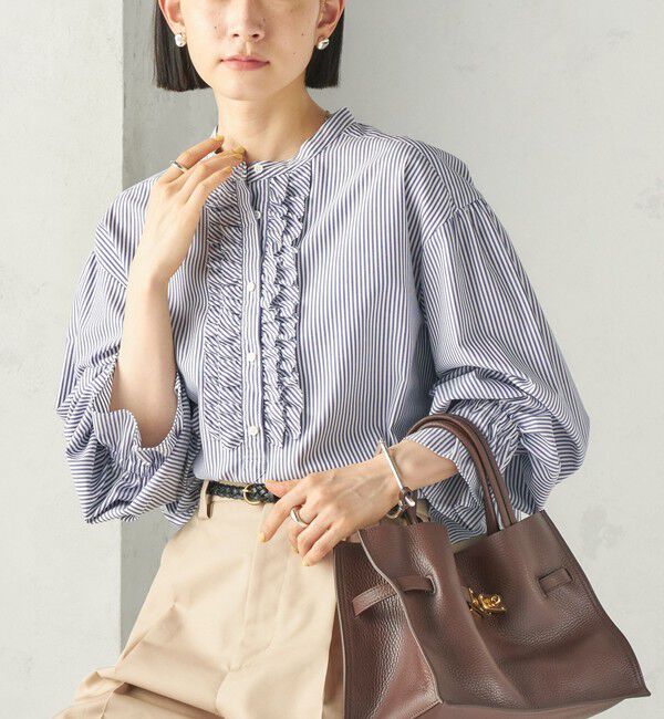SHIPS for women「《予約》〈手洗い可能〉オックス ビブ フリル ブラウス」|シャツ・ブラウス|ネイビー