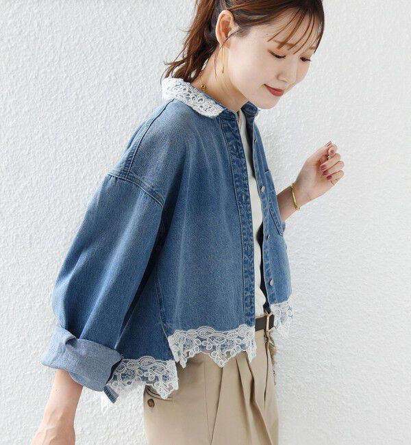 SHIPS for women「《予約》【WEB限定】〈手洗い可能〉ライトオンス レース コンビ デニム ロングスリーブ シャツ」|シャツ・ブラウス|