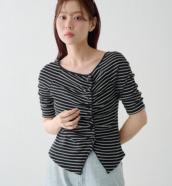  「ギャザーテレコ半袖カーディガン」|Tシャツ・カットソー|ブラック