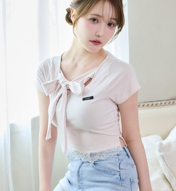  「【Lace Collection】裾レースリボンTee」|プルオーバー|ピンク