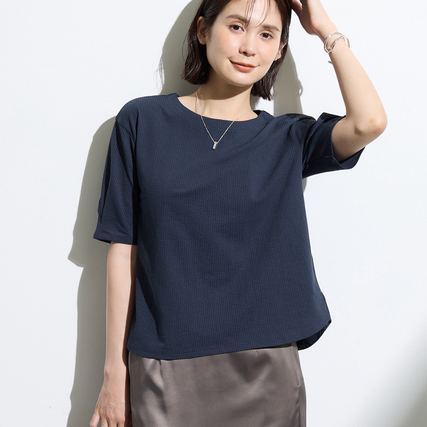 INDIVI「【洗える／凹凸素材】デザインTシャツ」|Tシャツ・カットソー|ネイビー(694)