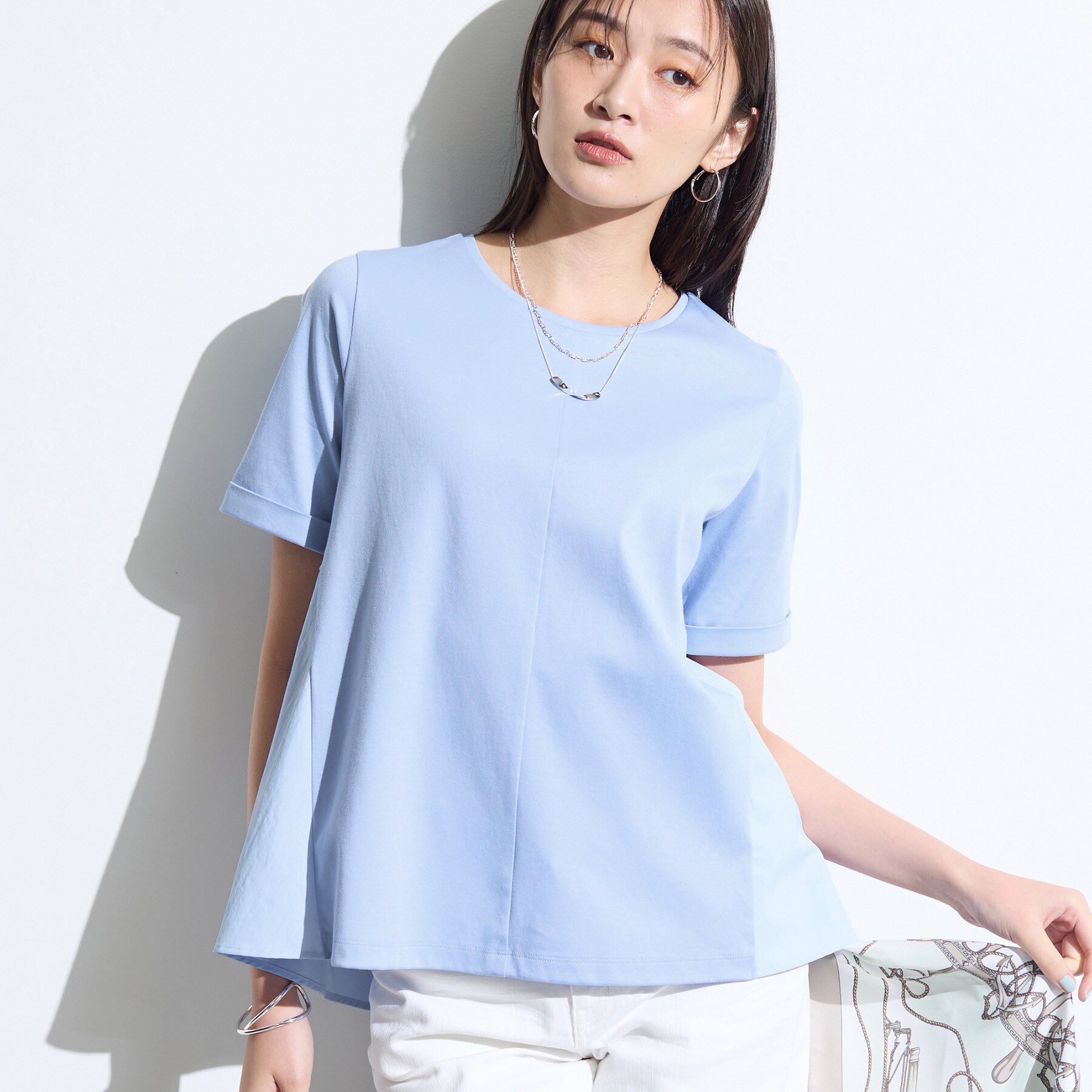 INDIVI「【バックシャン】異素材ドッキングプルオーバー」|Tシャツ・カットソー|サックスブルー(09