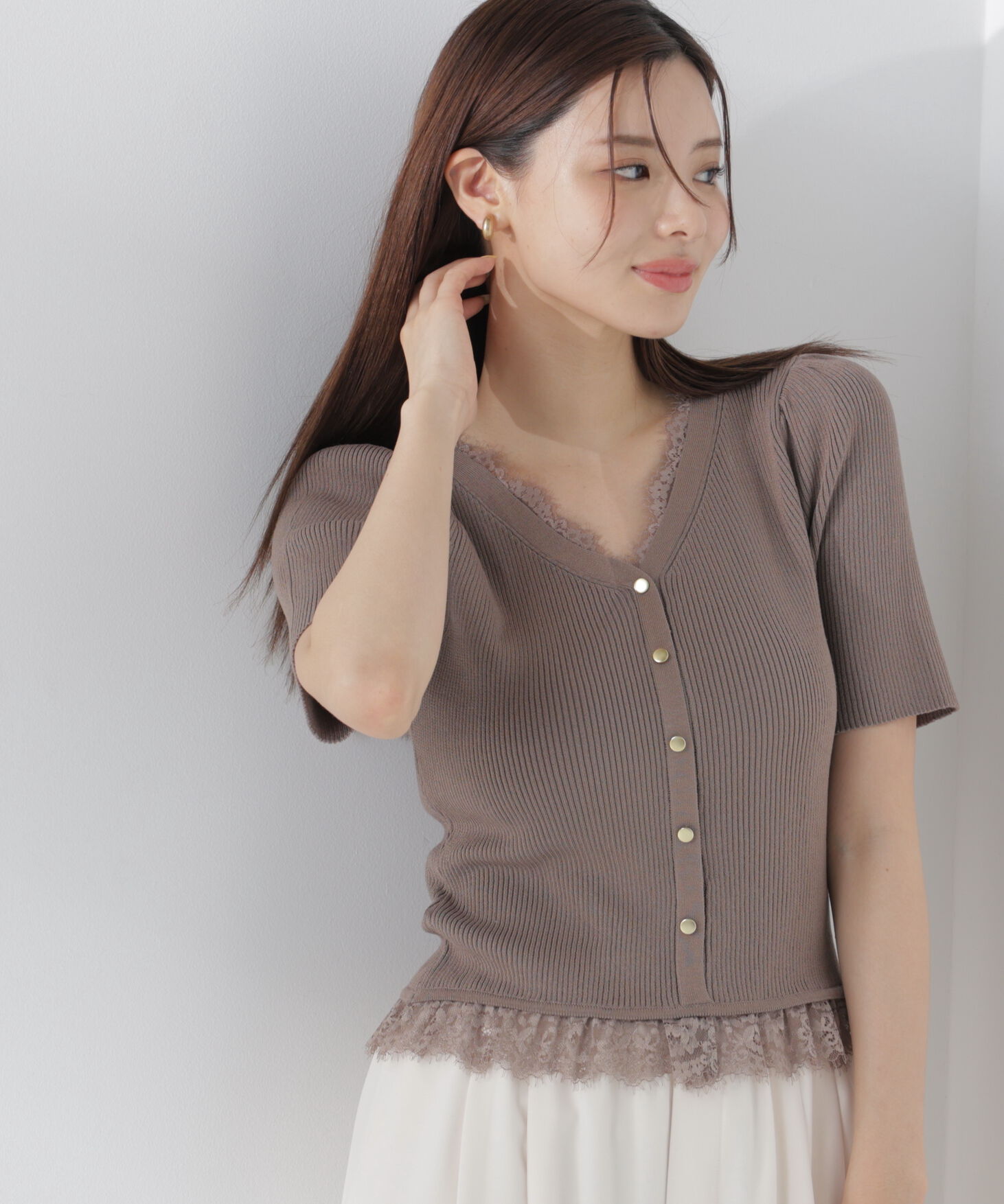 PROPORTION BODY DRESSING「レースレイヤード風リブニット」|ニット・セーター|カーキ