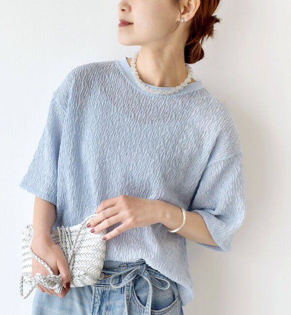 SHIPS for women「〈手洗い可能〉ランダムブルーゼ 5分袖 プルオーバー」|Tシャツ・カットソー|ライトブルー