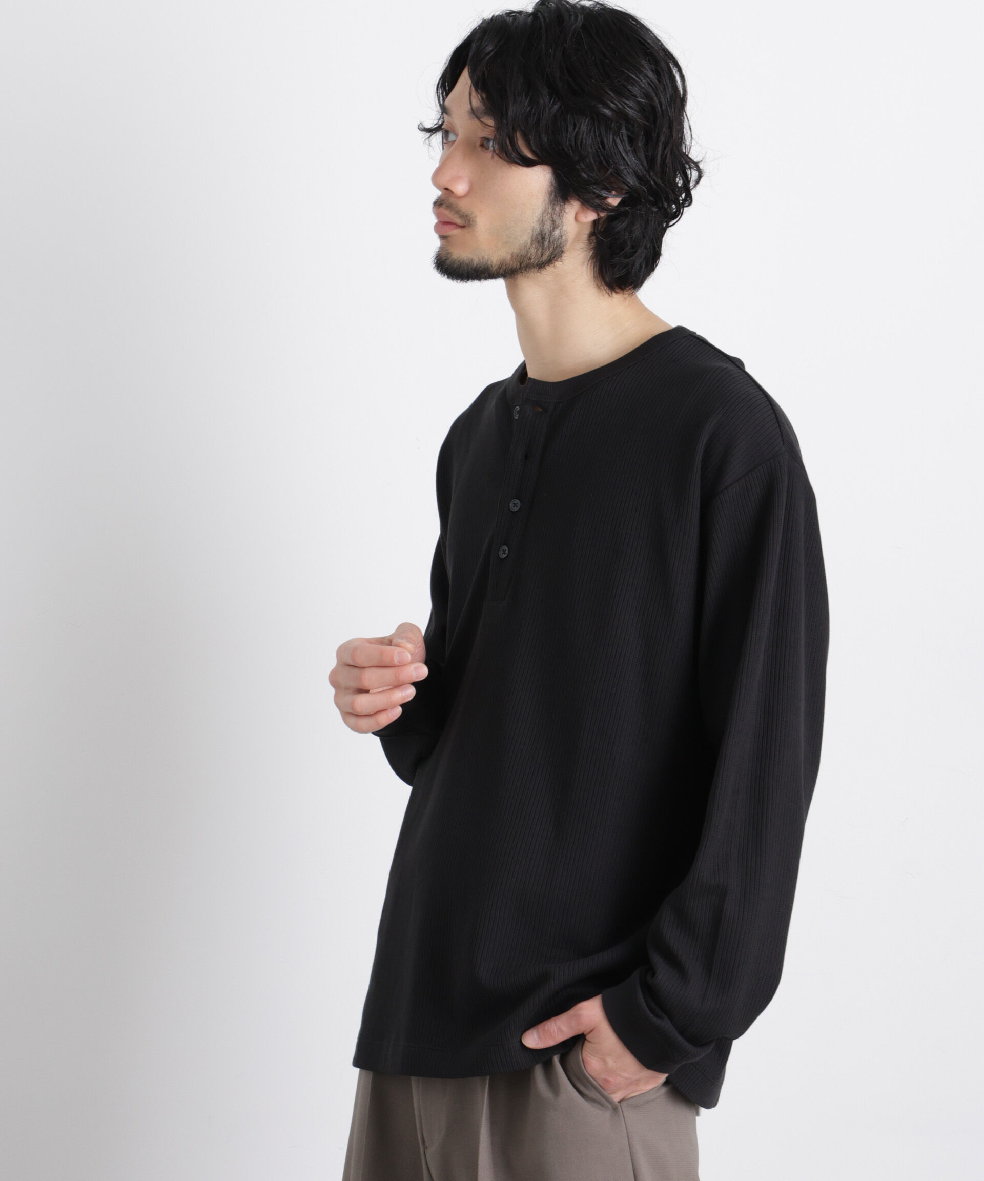 nano･universe「｢ASSEMBLANC｣ ドロップニードルリブ ヘンリーネック」|Tシャツ・カットソー|ブラック