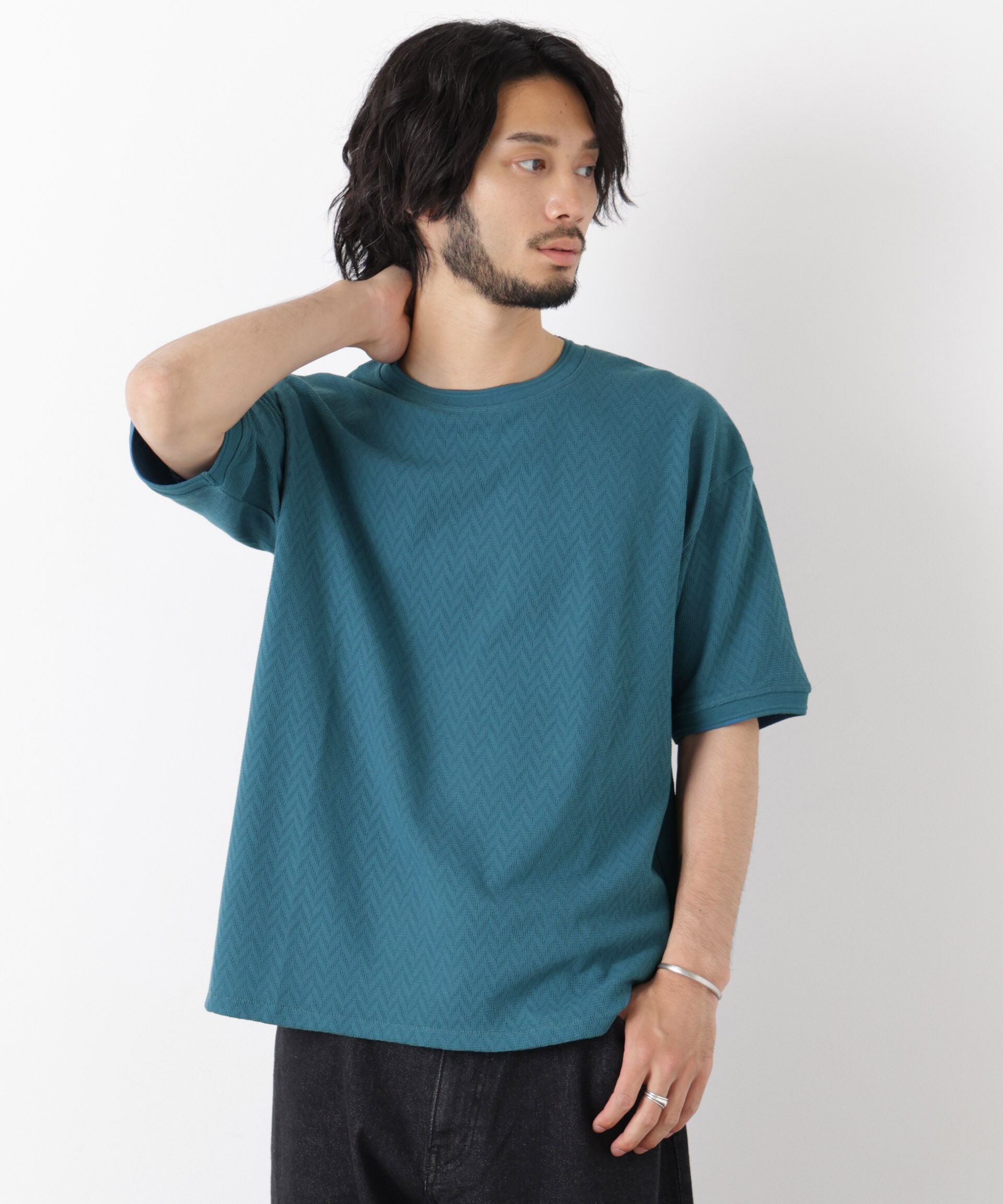 NANO universe「ヘリンボンジャガードTシャツ 半袖」|Tシャツ・カットソー|ブルーグリー 2