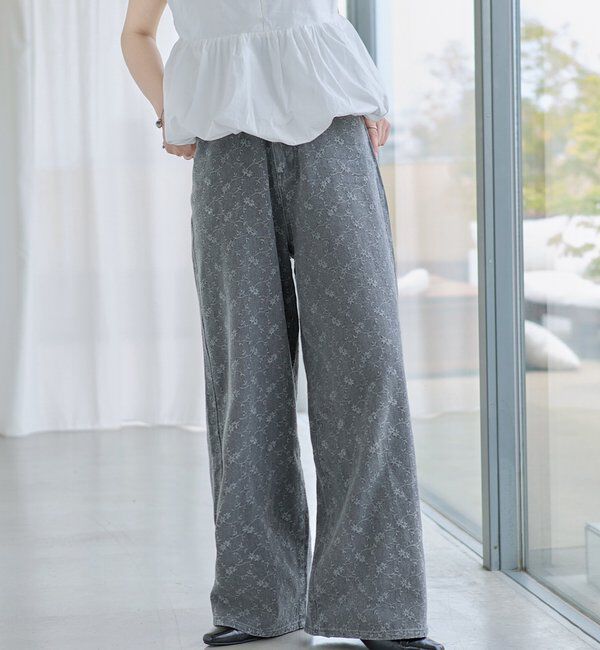  「【下半身痩せ/2サイズ展開】ワイドフラワーエンブロイダリーデニム」|デニム|