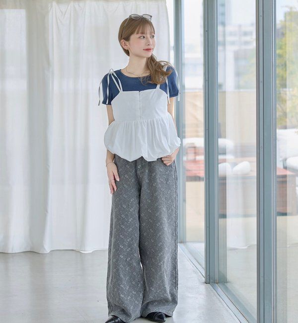  「【下半身痩せ/2サイズ展開】ワイドフラワーエンブロイダリーデニム」|デニム|
