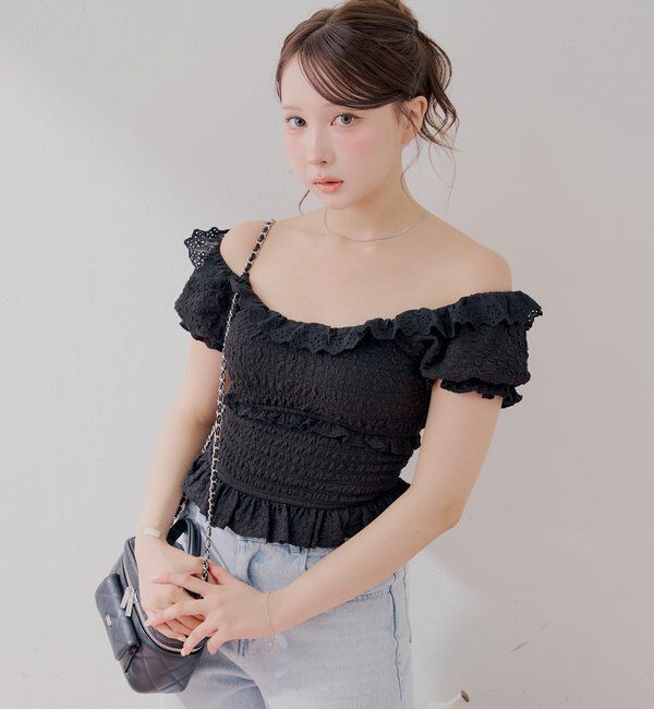 「【セットアップ対応】シャーリングパフスリーブトップス」|Tシャツ・カットソー|