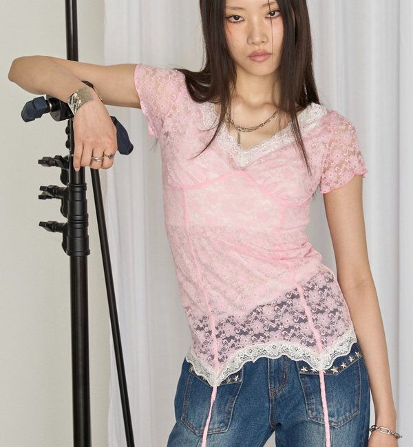  「レースガーターS/S トップス」|Tシャツ・カットソー|ピンク