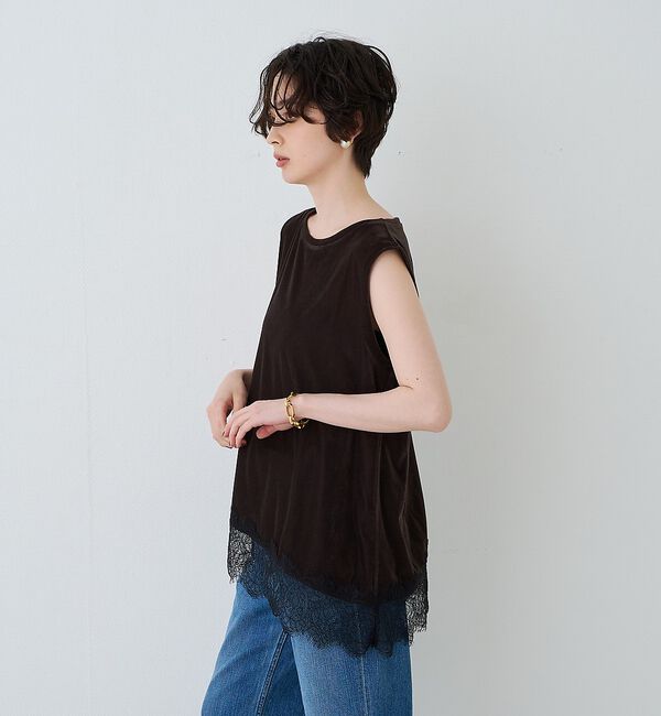 Rouge vif「シアーベロアノースリーブヘムレースカットソー」|Tシャツ・カットソー|