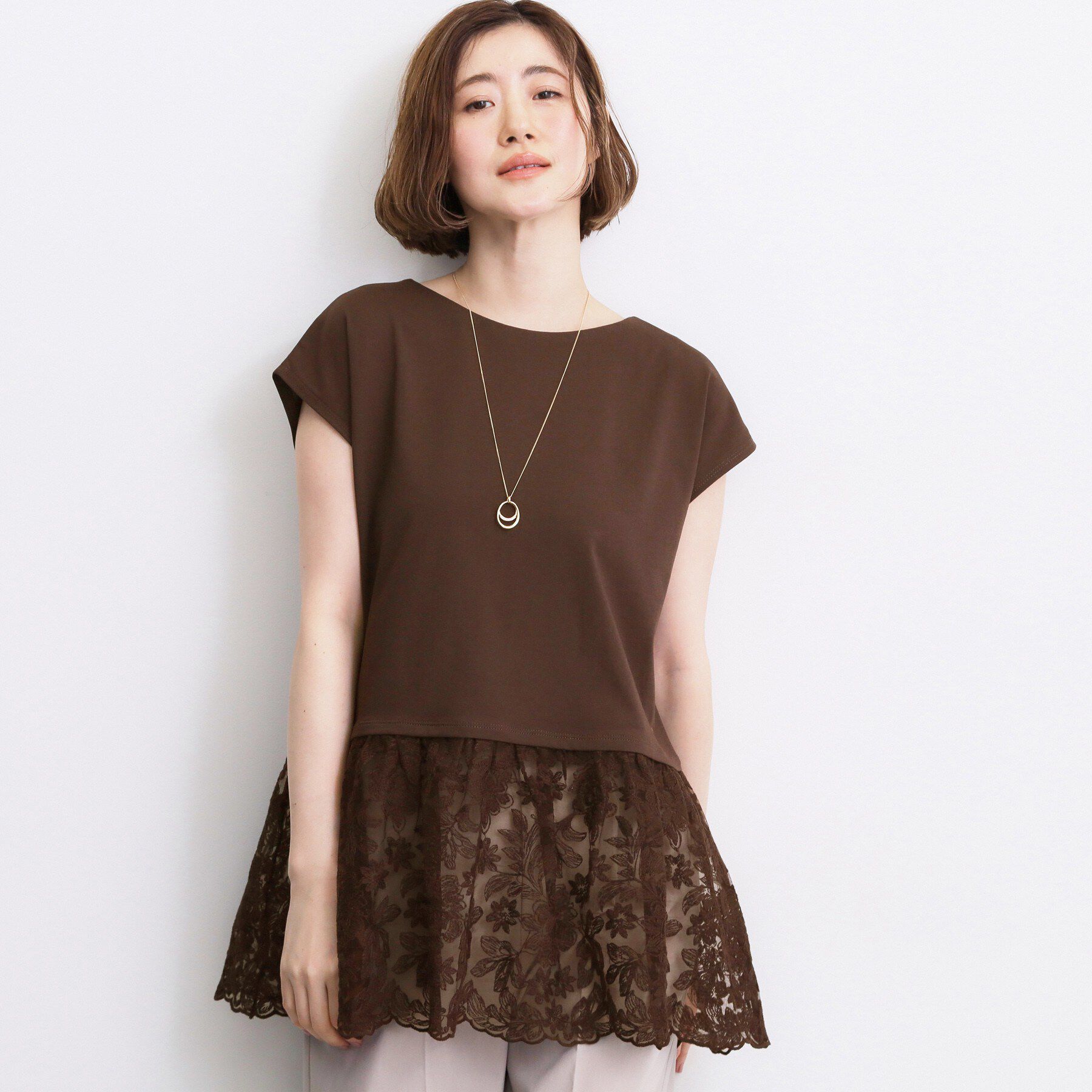 grove「【体型カバー】刺繍チュールレースドッキングカットソー」|Tシャツ・カットソー|